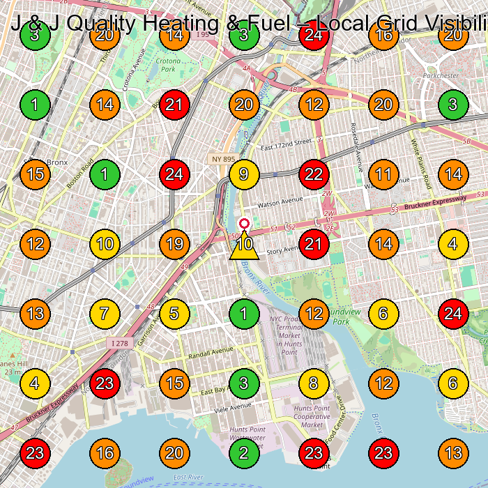 J & J Quality Heating & Fuel Heating Oil Supplier GeoGrid ranking map for Bronx NY